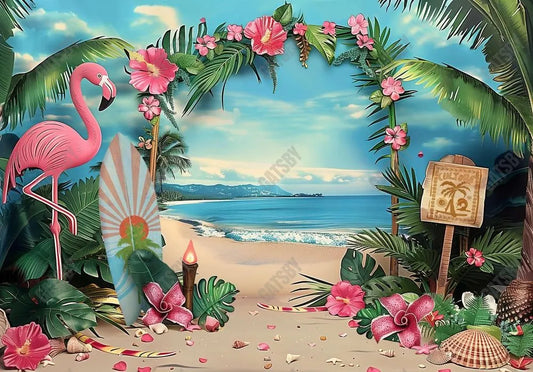 Tropical Beach Flamingo Flower Backdrop - Gatsby Backdrop