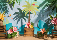 Tropical Island Flowers Coconut Tree Backdrop - Gatsby Backdrop