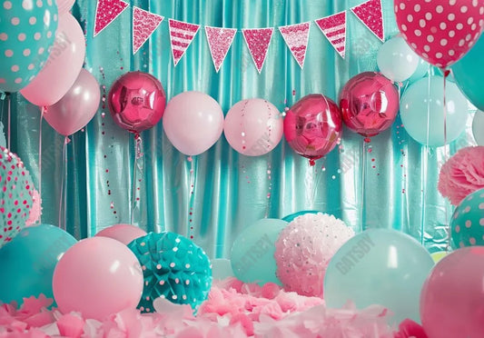 Turquoise Pink Balloons Backdrop - Gatsby Backdrop
