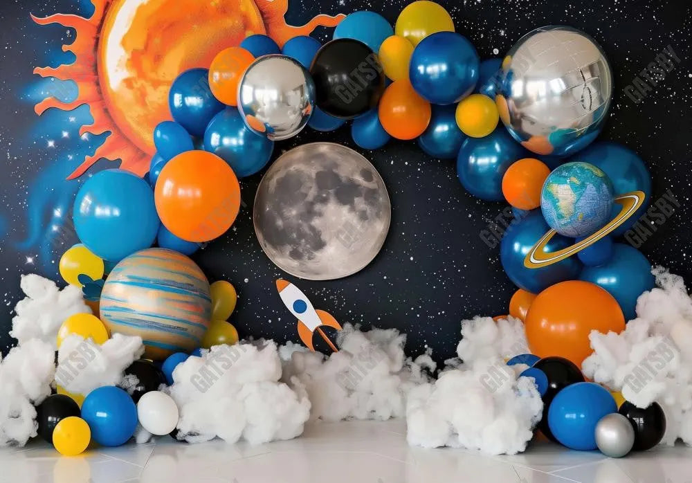 Universe Space Rockets Balloons Backdrop - Gatsby Backdrop