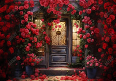 Valentine's Day Wooden Door Red Floral Painting Backdrop - Gatsby Backdrop