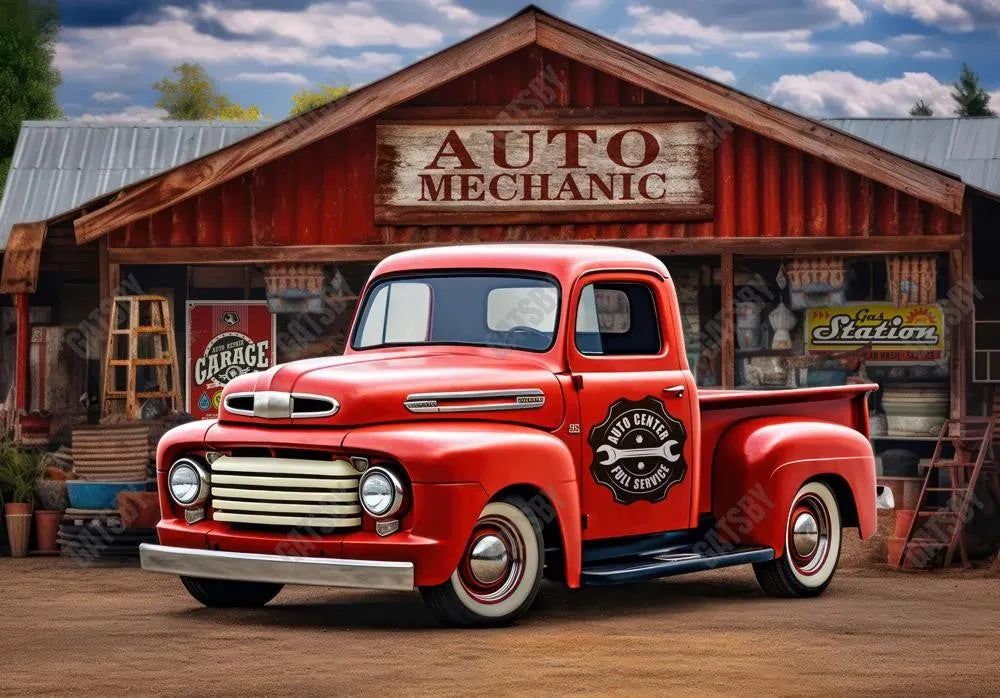 Vintage Garage Red Truck Photography Backdrop - Gatsby Backdrop