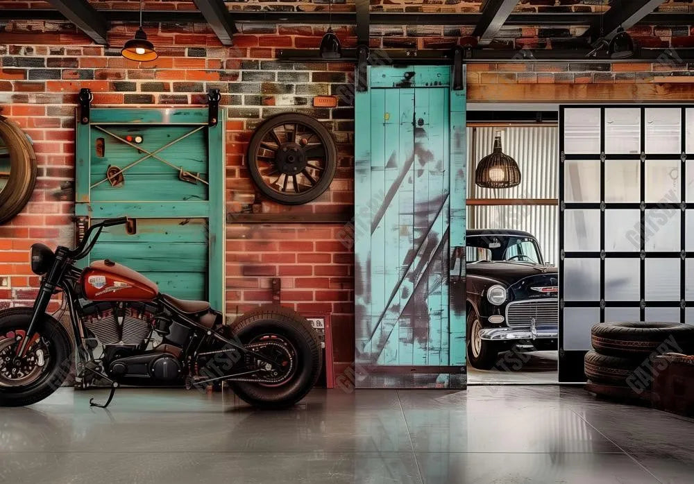 Vintage Motorcycle Garage Photography Backdrop Ym8G-B0414 - Gatsby Backdrop