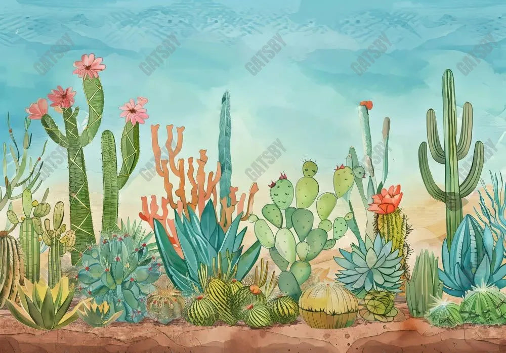 Watercolor Cactus Backdrop - Gatsby Backdrop