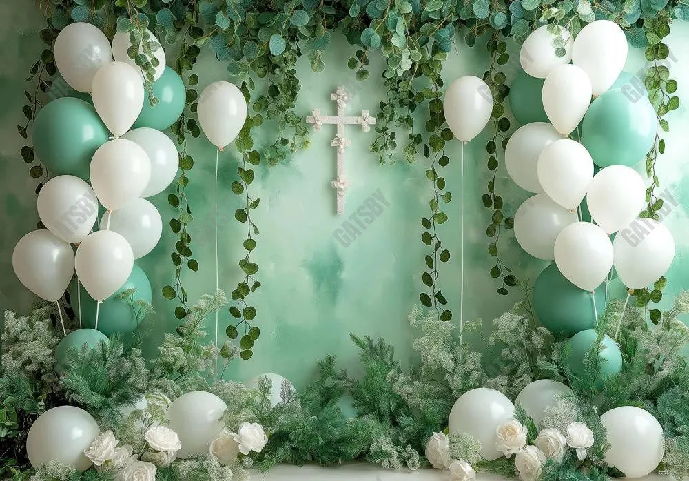 White and Green First Holy Communion Baptism Party Backdrop - Gatsby Backdrop