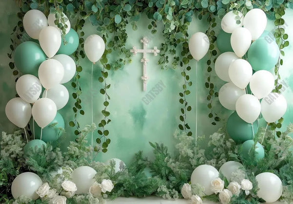 White and Green First Holy Communion Baptism Party Backdrop – Gatsby ...