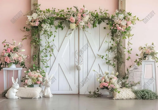 White Wooden Door Floral Bunny Backdrop - Gatsby Backdrop