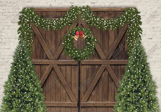 Winter Christmas Brown Wood Door Photography Backdrop - Gatsby Backdrop