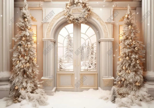Winter Christmas White Door Yard Backdrop - Gatsby Backdrop