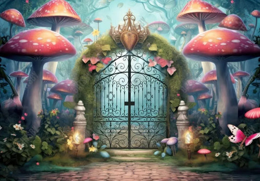 Wonderland Forest Mushrooms Gate Backdrop - Gatsby Backdrop