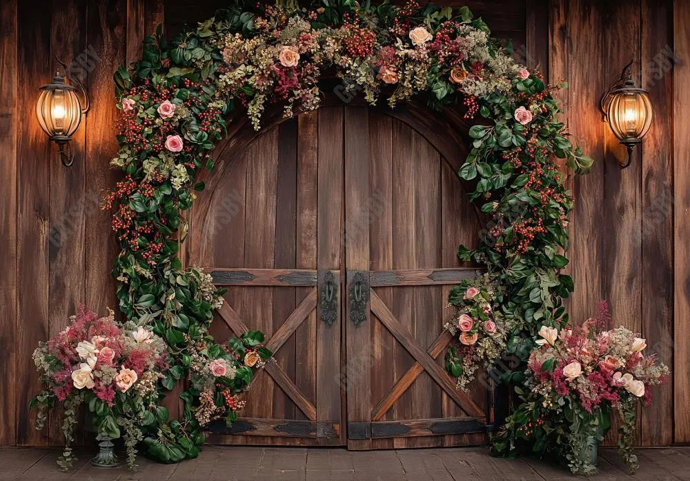 Wooden Arched Door Floral Backdrop - Gatsby Backdrop