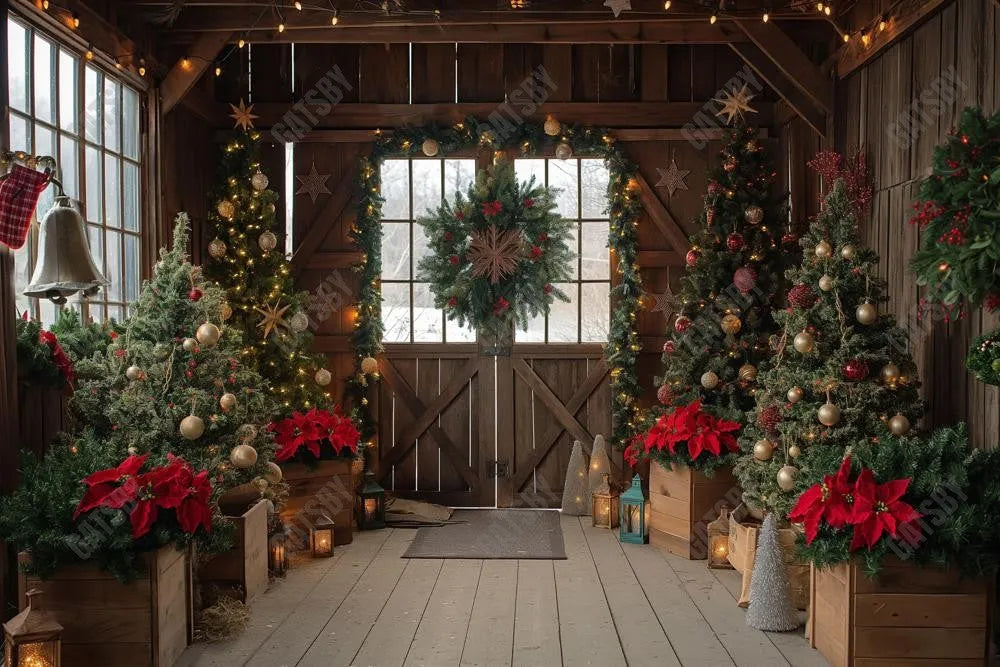 Wooden Barn Christmas Trees Photography Backdrop GBSX-99997 - Gatsby Backdrop