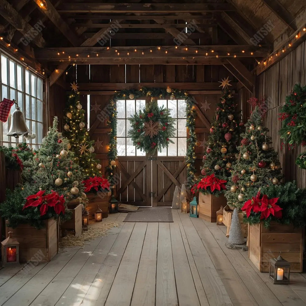 Wooden Barn Christmas Trees Photography Backdrop GBSX-99997 - Gatsby Backdrop