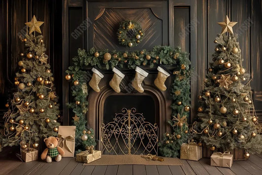 Wooden Christmas Fireplace Photography Backdrop GBSX-99999 - Gatsby Backdrop