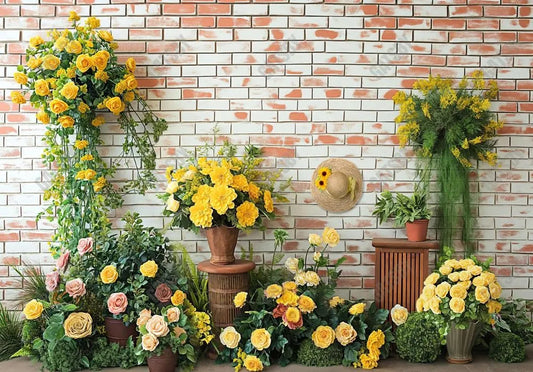 Yellow Flowers Brick Wall Backdrop - Gatsby Backdrop